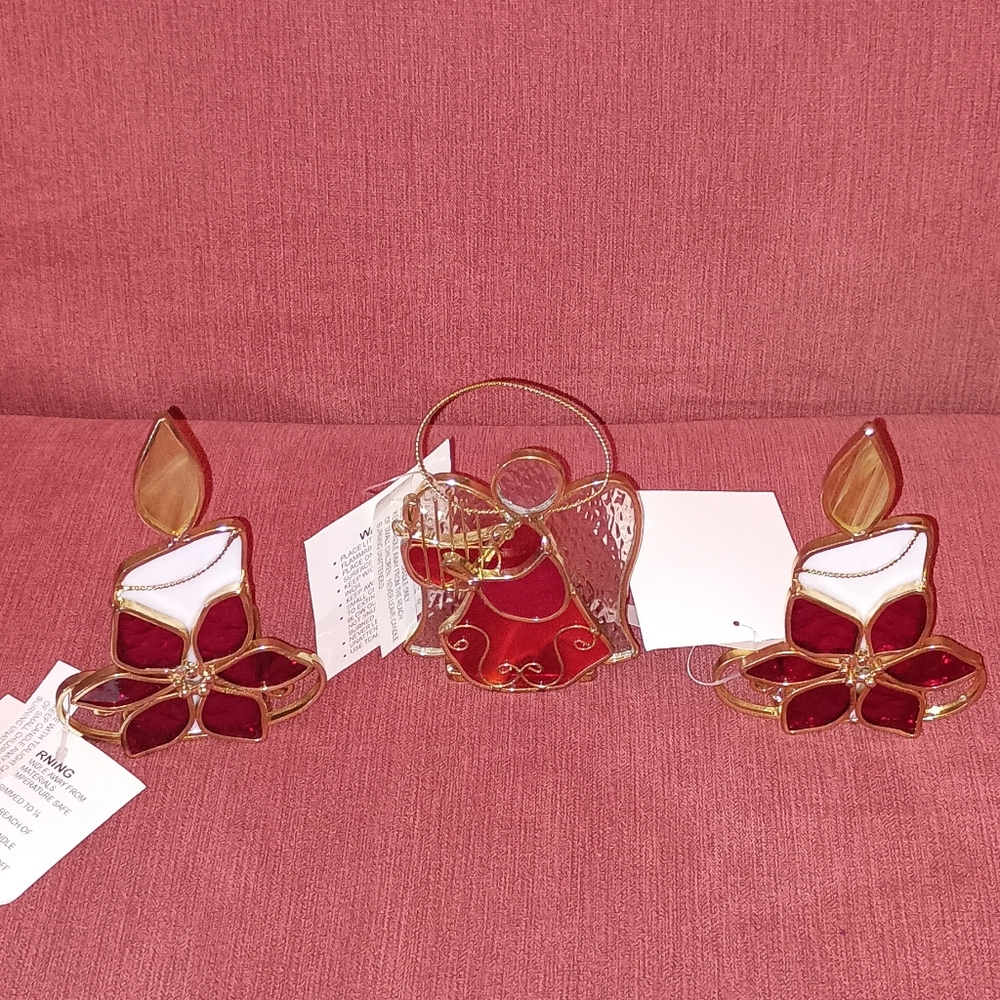 Studio Nova Vintage stain glass Angel Poinsettia Candle Holders